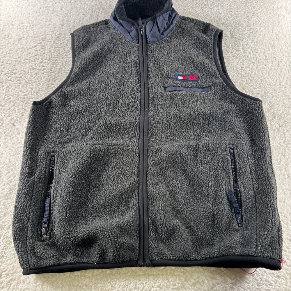 Vintage Y2K Tommy Hilfiger Full Zip Fleece Vest Men's Medium Gray Collared